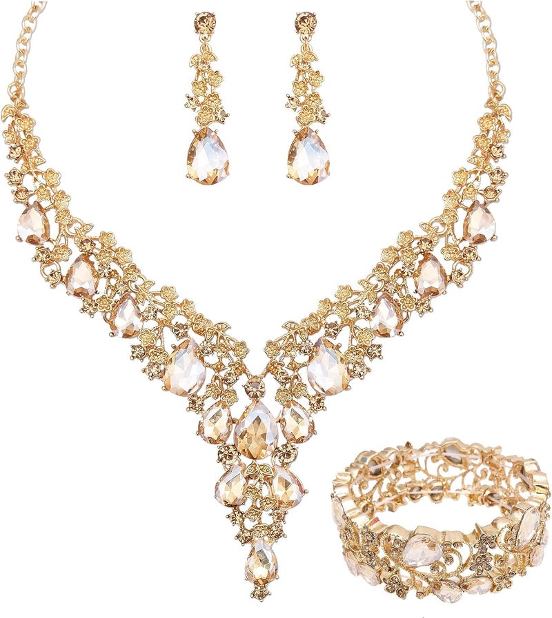 CSY Elegant Crystal Costume Jewelry Sets Flower Bridal Necklace Earrings Stretch Bangle Set for Bride Bridesmaid Wedding Dress Accessories - Image 1